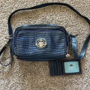 Kathy Van Zeeland Blue faux Pat.Croc Embossed Organizer Crossbody Bag purse